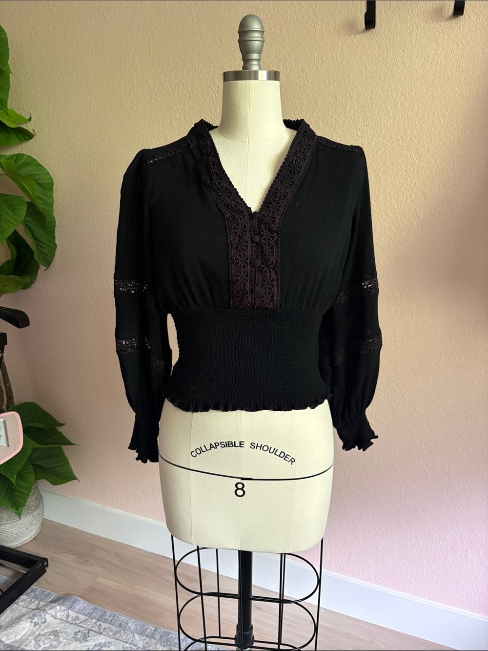 Black Lace-Trim Smocked-Waist Women's Blouse